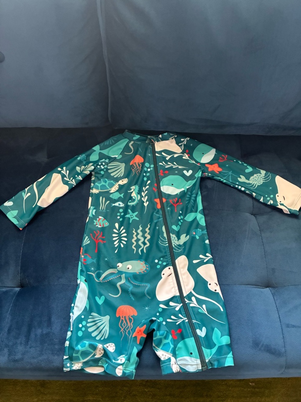 Kids Teal Ocean Life One-Piece Swimsuit - Long Sleeve 2-3T